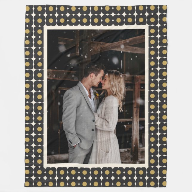 Custom Wedding Photo Anniversary Black Gold Motif Fleece Blanket (Front)