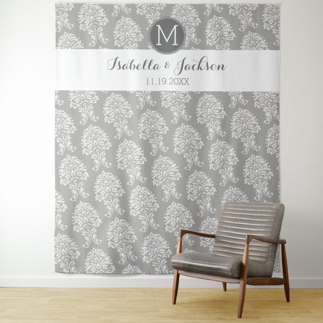 Custom Wedding Photo Backdrop Bride Groom Monogram Tapestry (In Situ)