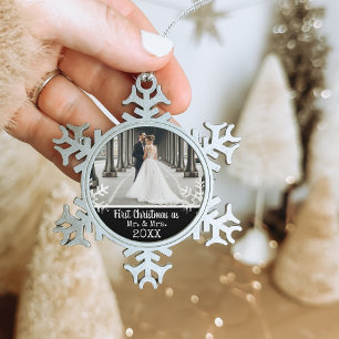 Custom Wedding Photo Black First Christmas Mr & Mr Snowflake Pewter Christmas Ornament