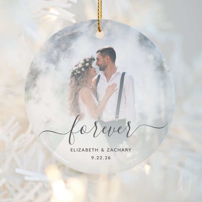 Custom Wedding Photo Forever Personalised Grey Ceramic Ornament (Creator Uploaded)