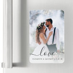 Custom Wedding Photo Love Grey Script Magnet<br><div class="desc">Celebrate your wedding with this keepsake flexible magnet, featuring the word "love" in elegant charcoal grey handwriting script with swashes at the beginning and end. Personalise it with your names and wedding date, and replace the sample image with your favourite wedding photo. A white gradient filter helps make the text...</div>