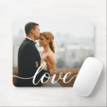 Custom Wedding photo Love script Mouse Pad<br><div class="desc">Add a touch of romance to your daily tasks with the Custom Wedding Photo Love Script Mouse Pad. This personalised and heartwarming mouse pad is a wonderful way to keep your cherished wedding memories close, making it a perfect addition to your workspace or as a thoughtful gift for newlyweds. The...</div>