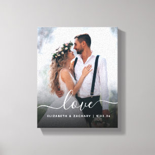 Custom Wedding Photo Love White Script Canvas Print