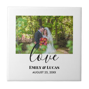 Custom Wedding Photo Simple Elegant Calligraphy Ceramic Tile