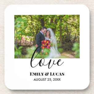 Custom Wedding Photo Simple Elegant Calligraphy Coaster