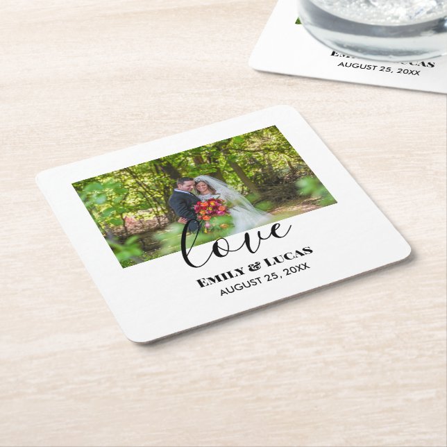 Custom Wedding Photo Simple Elegant Calligraphy Square Paper Coaster (Angled)