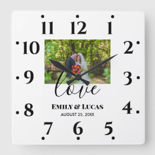 Custom Wedding Photo Simple Elegant Calligraphy Square Wall Clock
