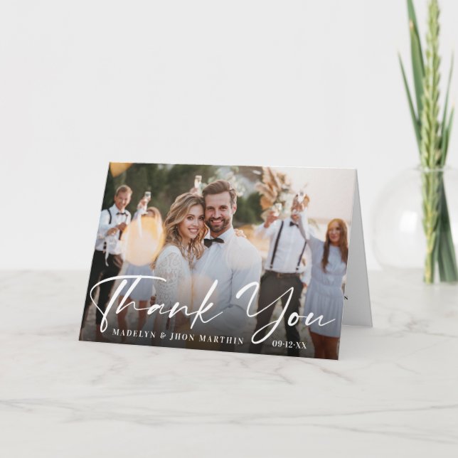 Custom Wedding Photo with an Elegant Calligraphy Thank You Card (Front)