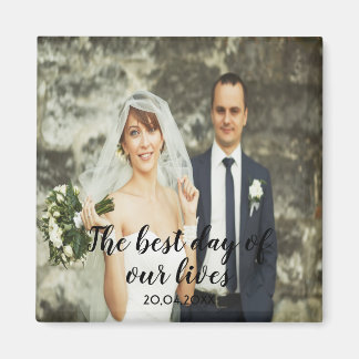 Custom wedding photo with text date black letters magnet