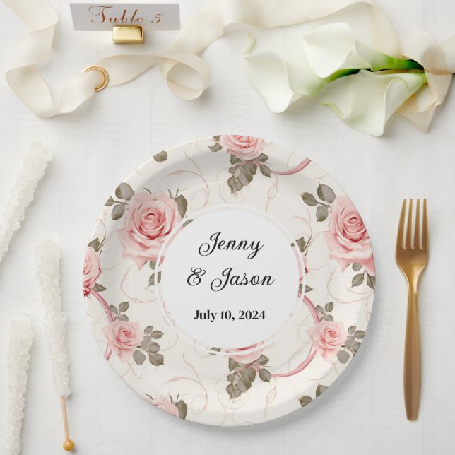 Custom Wedding Pink Rose Paper Plates (Wedding)
