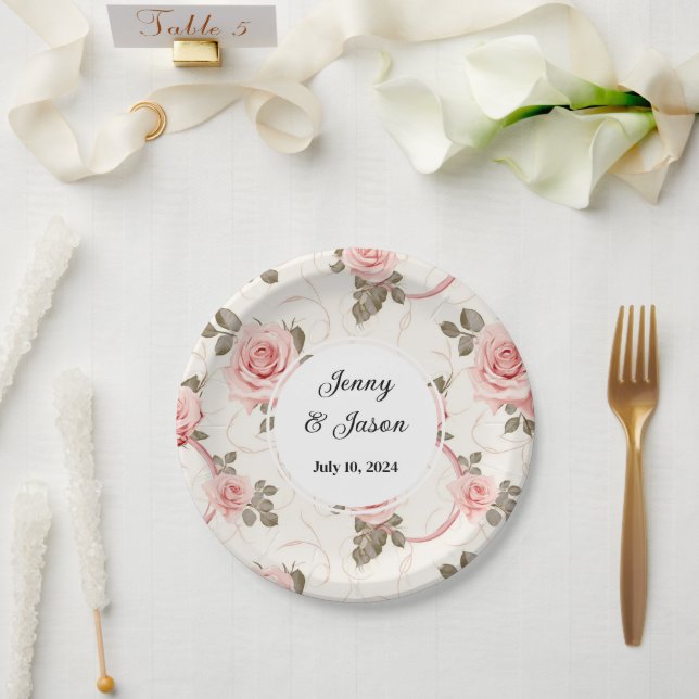 Custom Wedding Pink Rose Paper Plates (Wedding)