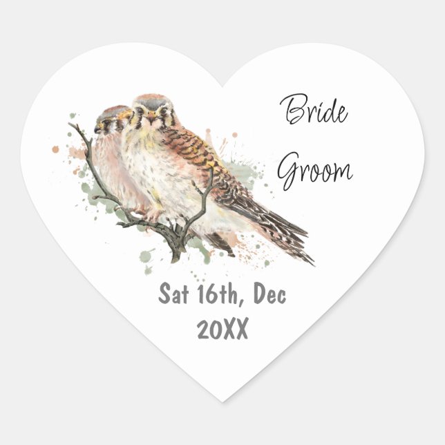 Custom Wedding Save Date Kestrel Bird Couple Heart Sticker (Front)