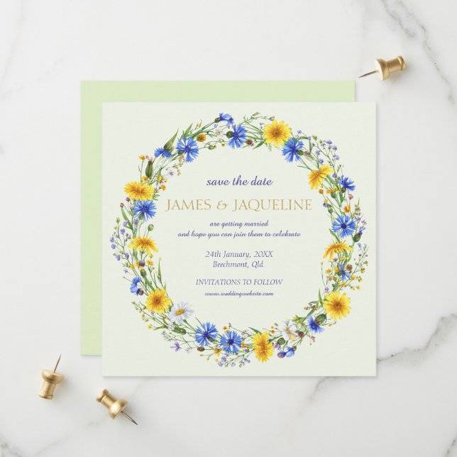 Custom Wedding Save the Date Blue Floral Wreath (Front/Back In Situ)