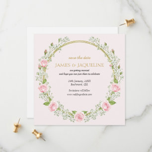 Custom Wedding Save the Date Pink Roses Wreath