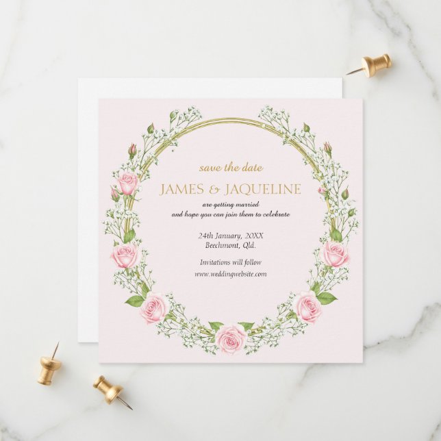Custom Wedding Save the Date Pink Roses Wreath (Front/Back In Situ)