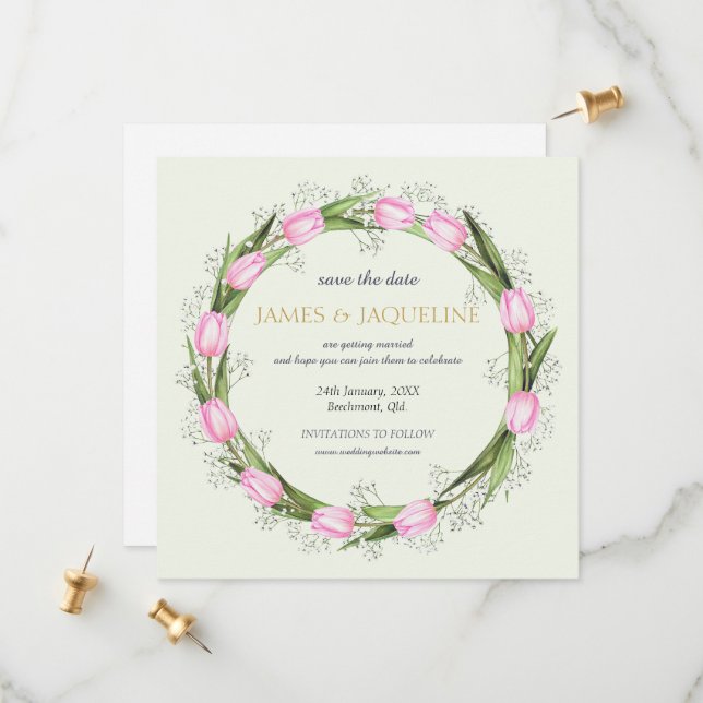 Custom Wedding Save the Date Pink Tulip Wreath (Front/Back In Situ)
