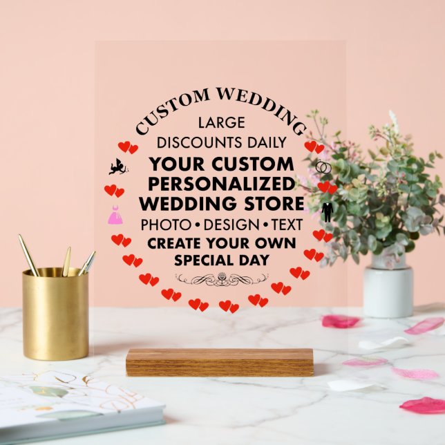Custom Wedding Sign 14" x 11" Acrylic & Wood Stand (Wedding)