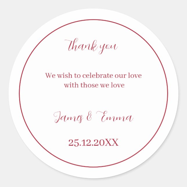 Custom Wedding Simple Red Classic Round Sticker (Front)