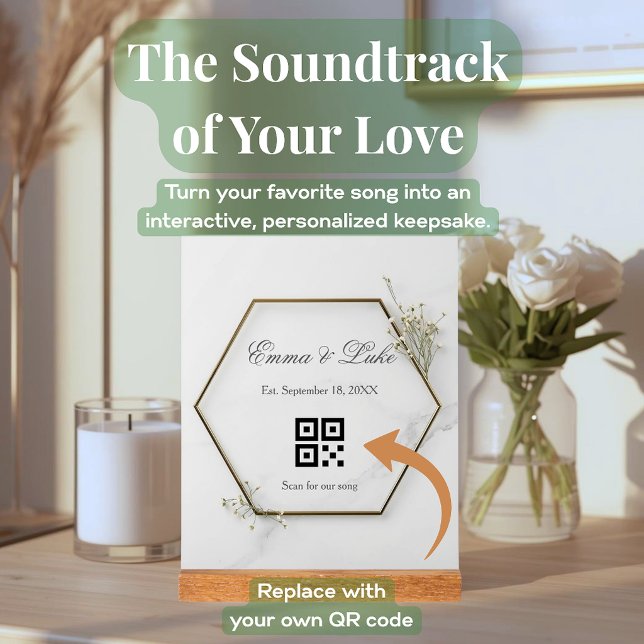 Custom Wedding Song QR Code Anniversary Gift Acrylic Sign (Custom wedding song QR code acrylic block. Personalized anniversary gift with a wood stand.)