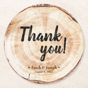 Custom Wedding Thank You Wood Grain Rustic  Round Paper Coaster
