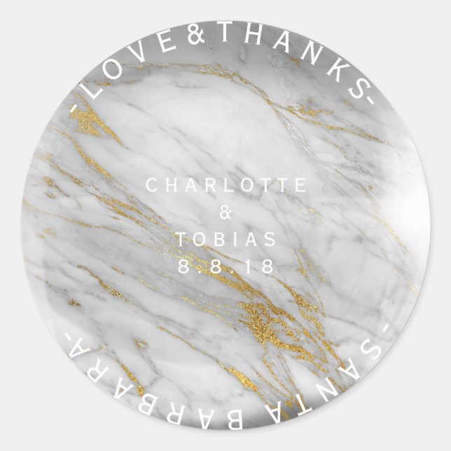 Custom Wedding Thanks Marble Grey White Glass Classic Round Sticker (Front)