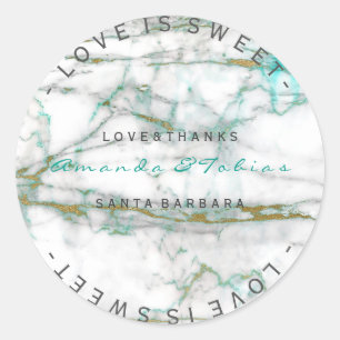 Custom Wedding Thanks Mint Gold White Marble Classic Round Sticker