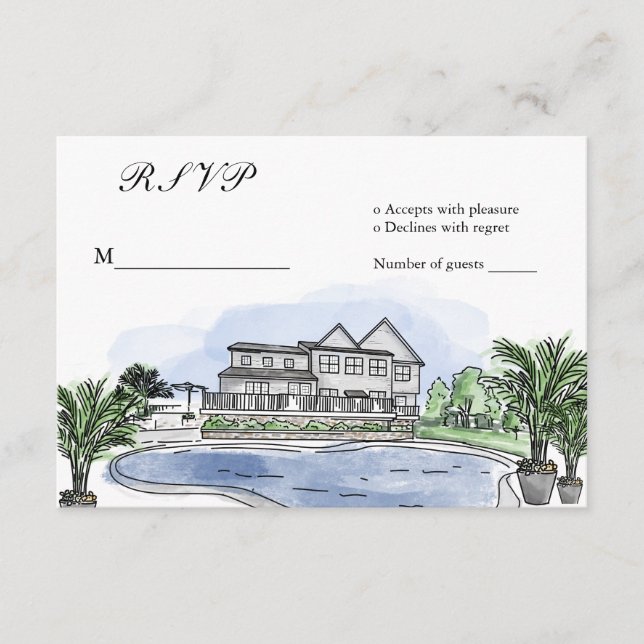 Custom Wedding Venue Mansion Illustration RSVP Enclosure Card (Front)