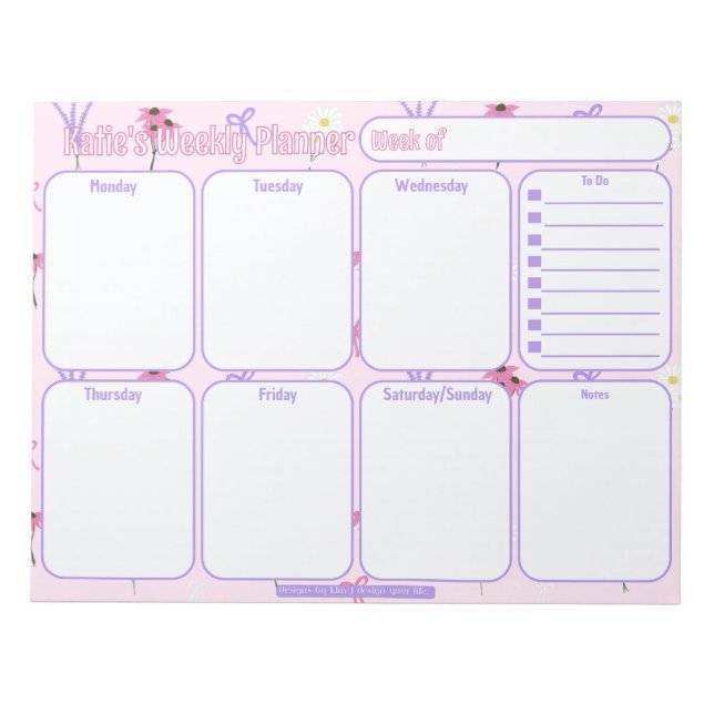Custom Weekly Planner | Wildflowers & Bows Pattern Notepad (Front)