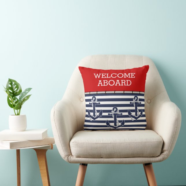 Custom Welcome Aboard Anchors Stripes Pattern Cushion (Chair)