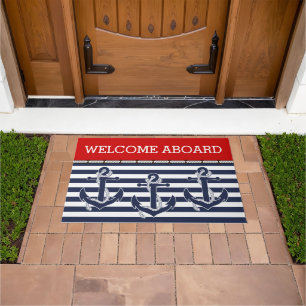 Custom Welcome Aboard Anchors Stripes Pattern Doormat