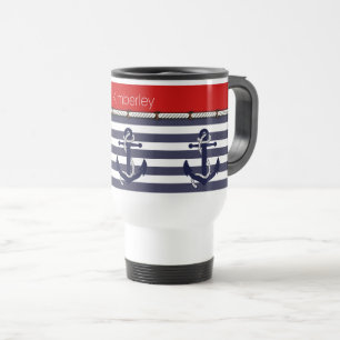 Custom Welcome Aboard Anchors Stripes Pattern Travel Mug