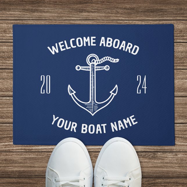 Custom Welcome Aboard Boat Name Navy Blue Doormat (Creator Uploaded)