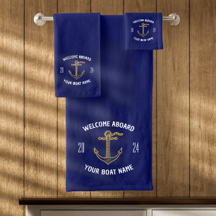 Custom Welcome Aboard Boat Name Navy Blue & Gold Bath Towel Set