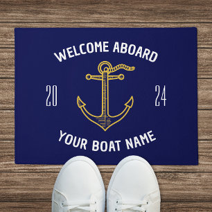 Custom Welcome Aboard Boat Name Navy Blue Gold Doormat