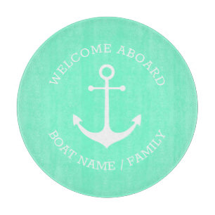 Custom Welcome Aboard nautical anchor aqua white Cutting Board