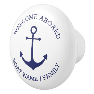 Custom Welcome Aboard nautical anchor blue white Ceramic Knob