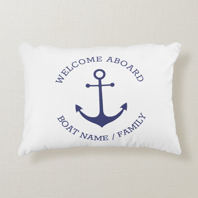 Custom Welcome Aboard nautical anchor blue white Decorative Cushion (Front)