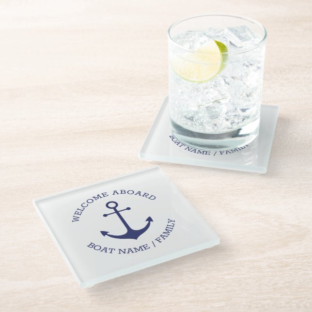 Custom Welcome Aboard nautical anchor blue white Glass Coaster (Angled)