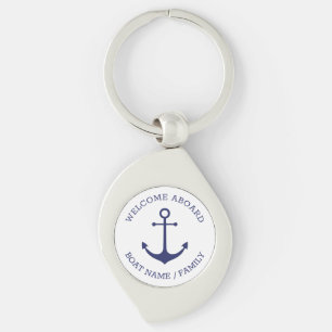 Custom Welcome Aboard nautical anchor blue white Key Ring