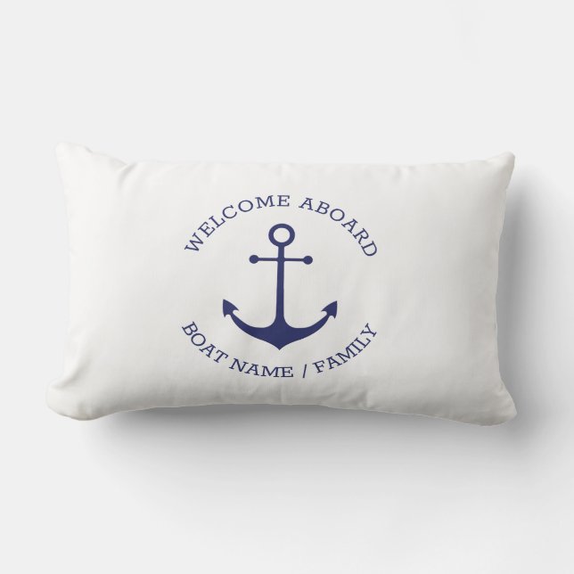 Custom Welcome Aboard nautical anchor blue white Lumbar Cushion (Front)