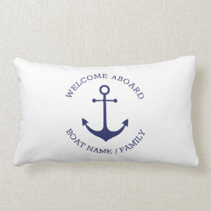 Custom Welcome Aboard nautical anchor blue white Lumbar Cushion