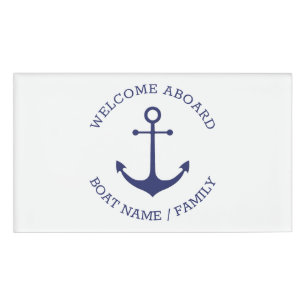 Custom Welcome Aboard nautical anchor blue white Name Tag