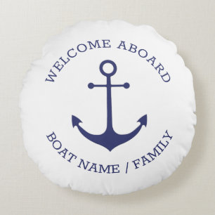 Custom Welcome Aboard nautical anchor blue white Round Cushion