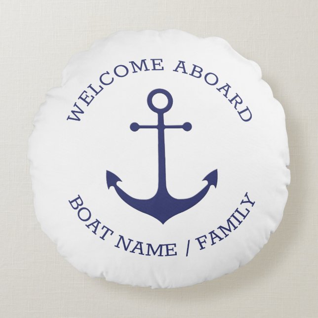 Custom Welcome Aboard nautical anchor blue white Round Cushion (Front)