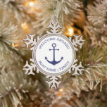 Custom Welcome Aboard nautical anchor blue white Snowflake Pewter Christmas Ornament<br><div class="desc">Custom Boat name or Family name,  Welcome Aboard,  nautical navy blue anchor white Snowflake Pewter Christmas Ornament
Customise text nautical sailing text,  captain name,  boat name,  family name,  etc
great for sailors,  boaters,  sailing and boating 
Happy sailing!</div>