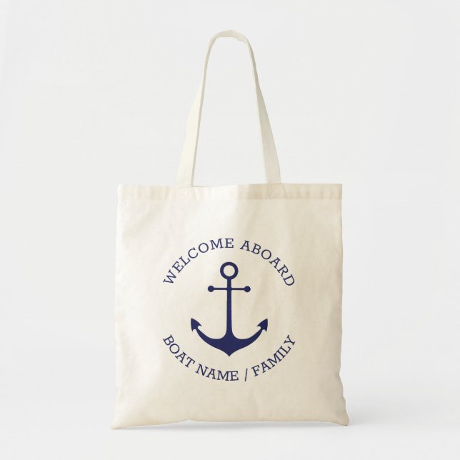 Custom Welcome Aboard nautical anchor blue white Tote Bag (Front)
