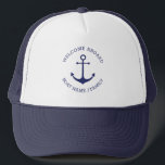 Custom Welcome Aboard nautical anchor blue white Trucker Hat<br><div class="desc">Custom Boat name or Family name,  Welcome Aboard,  nautical navy blue anchor white Trucker Hat 
Customise text nautical sailing text,  captain name,  boat name,  family name,  etc
great for sailors,  boaters,  sailing and boating 
Happy sailing!</div>