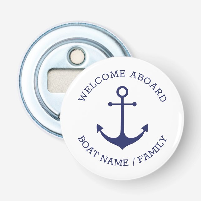 Custom Welcome Aboard nautical anchor navy white Bottle Opener (Front)