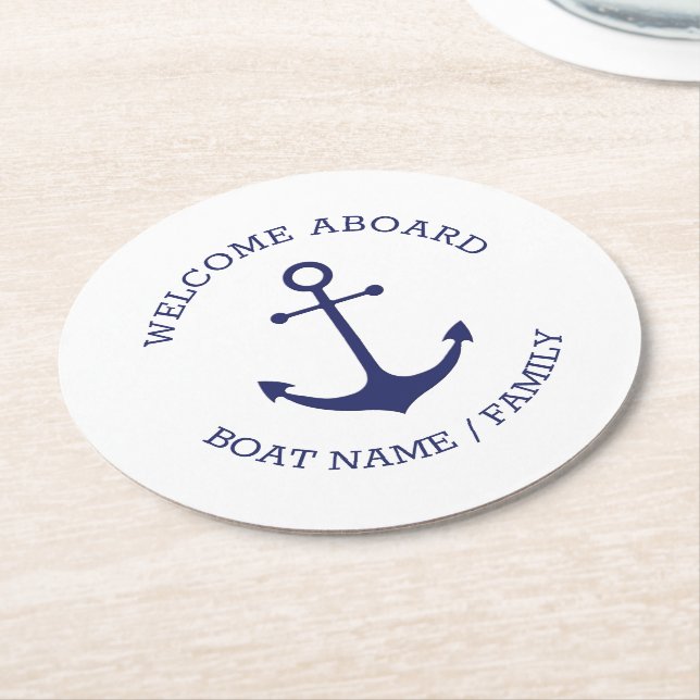 Custom Welcome Aboard nautical anchor navy white Round Paper Coaster (Angled)