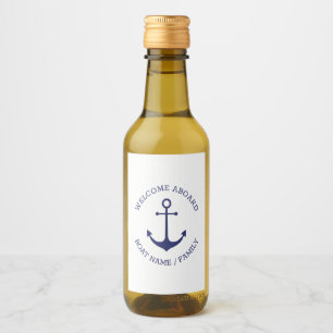 Custom Welcome Aboard nautical anchor navy white Wine Label